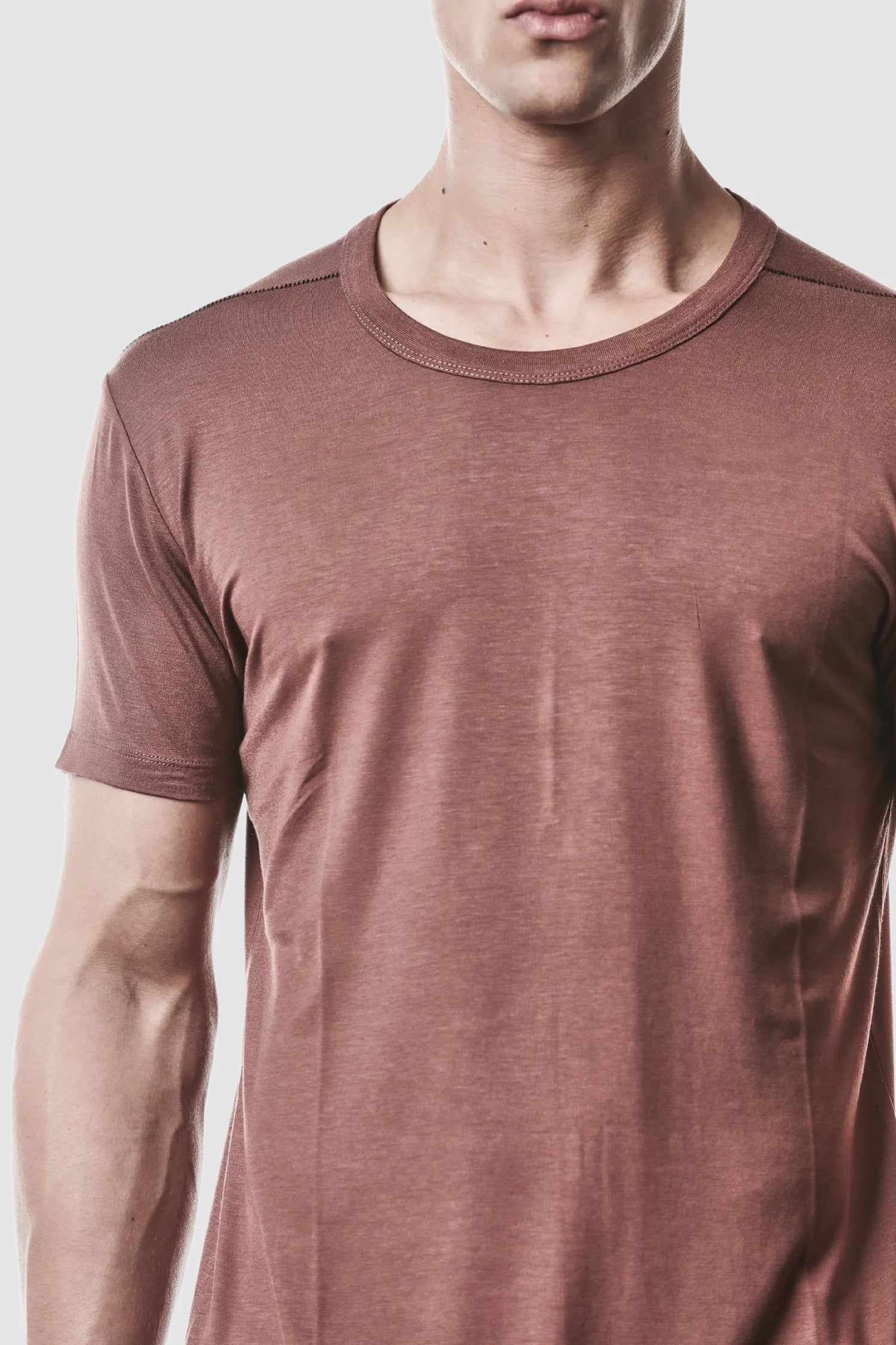 Thom Krom - model front detail view of men’s Red Modal Stretch Jersey T-Shirt