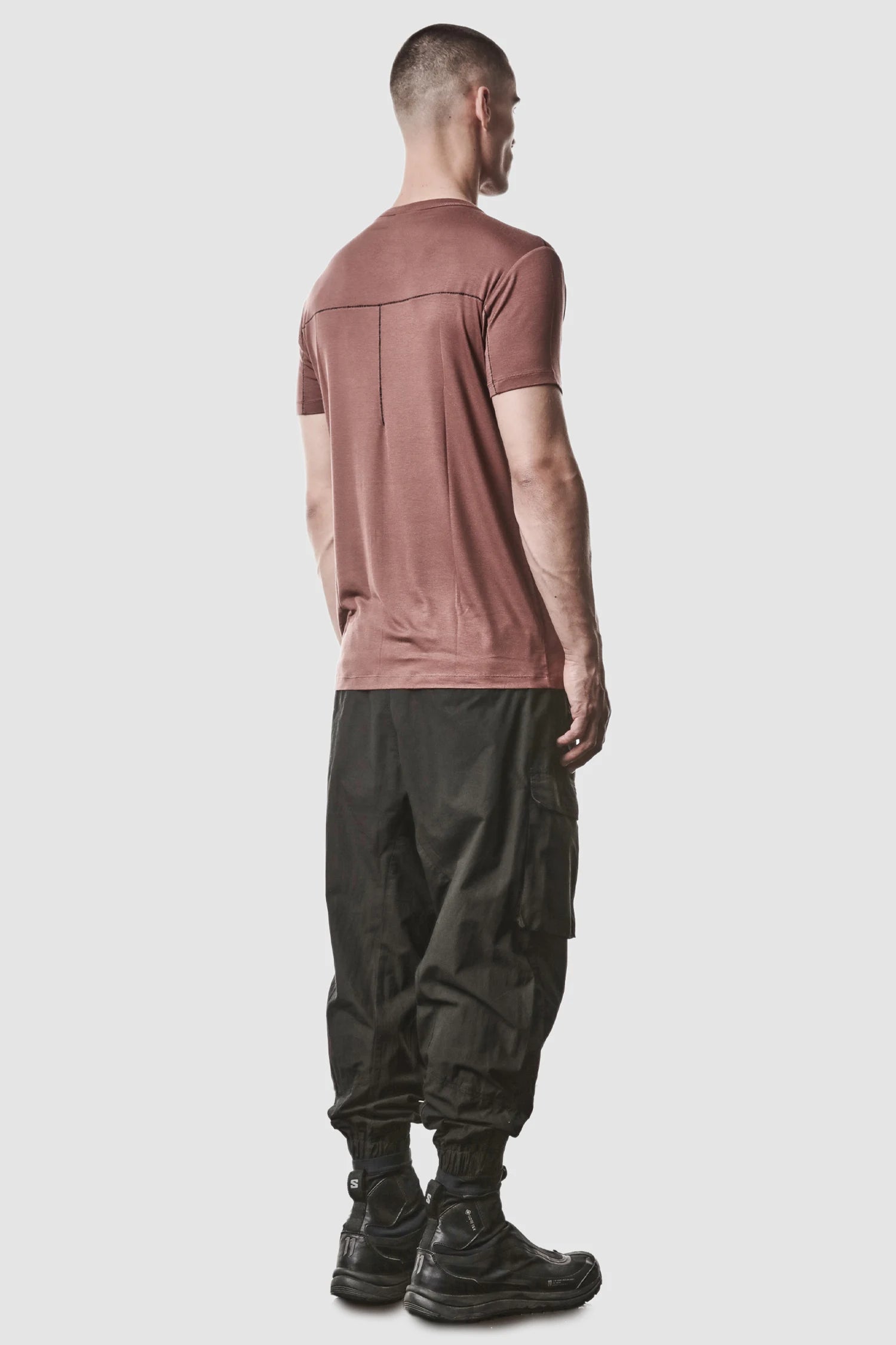 Thom Krom - model back side full view of men’s Red Modal Stretch Jersey T-Shirt