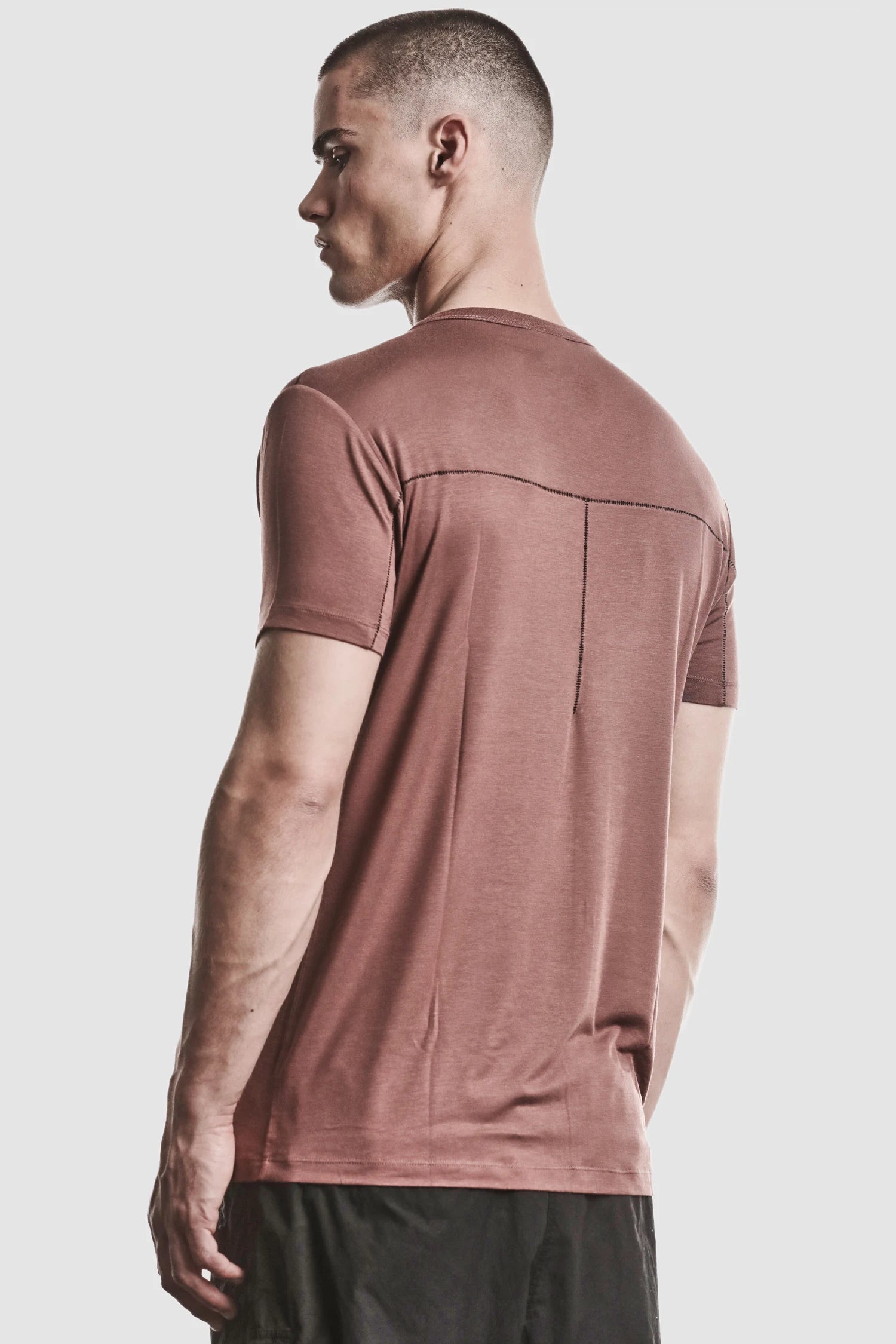 Thom Krom - model back side view of men’s Red Modal Stretch Jersey T-Shirt