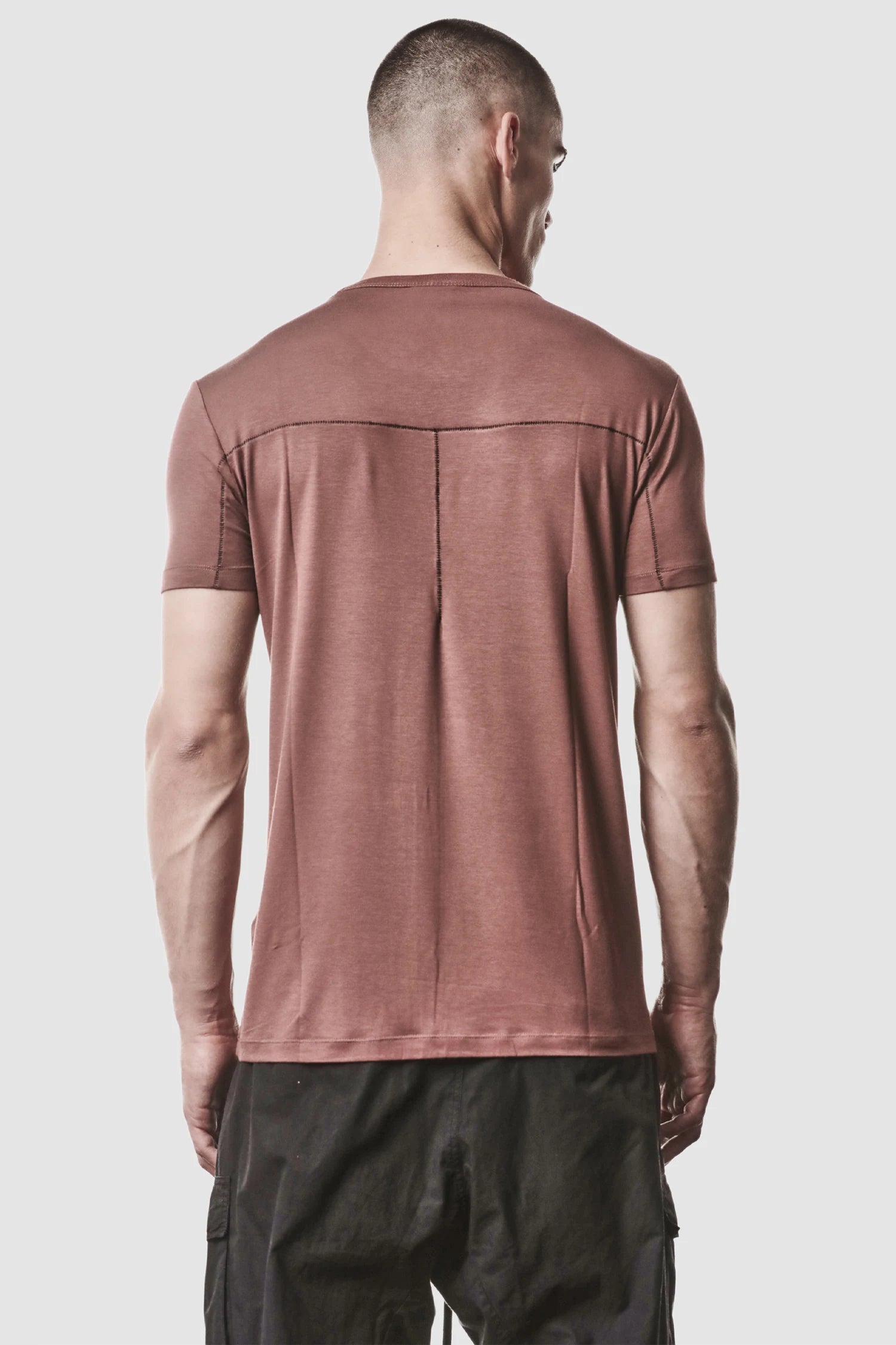 Thom Krom - model back view of men’s Red Modal Stretch Jersey T-Shirt