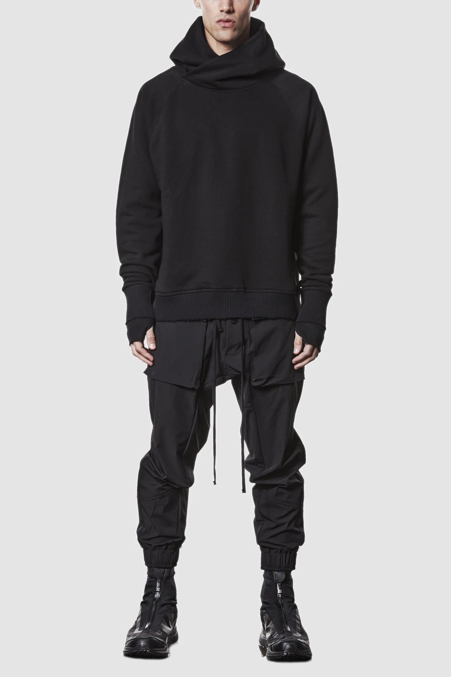 Thom Krom - full body view of black Front Pocket Woven Stretch Cargo Trousers - M-P-27