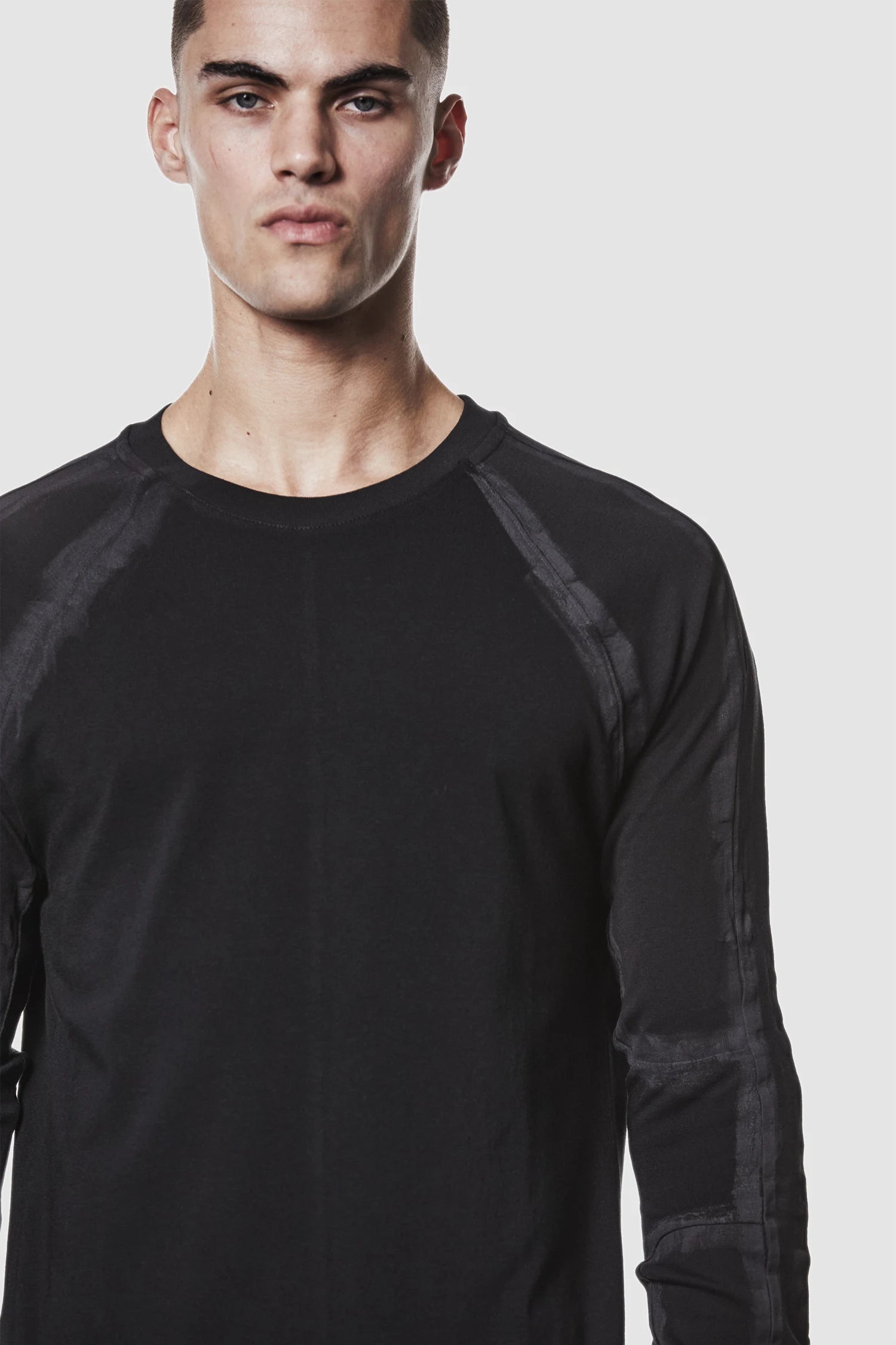 Thom Krom - front detail view of black Hand-Painted Long Sleeve Shirt
 - M-TS-907