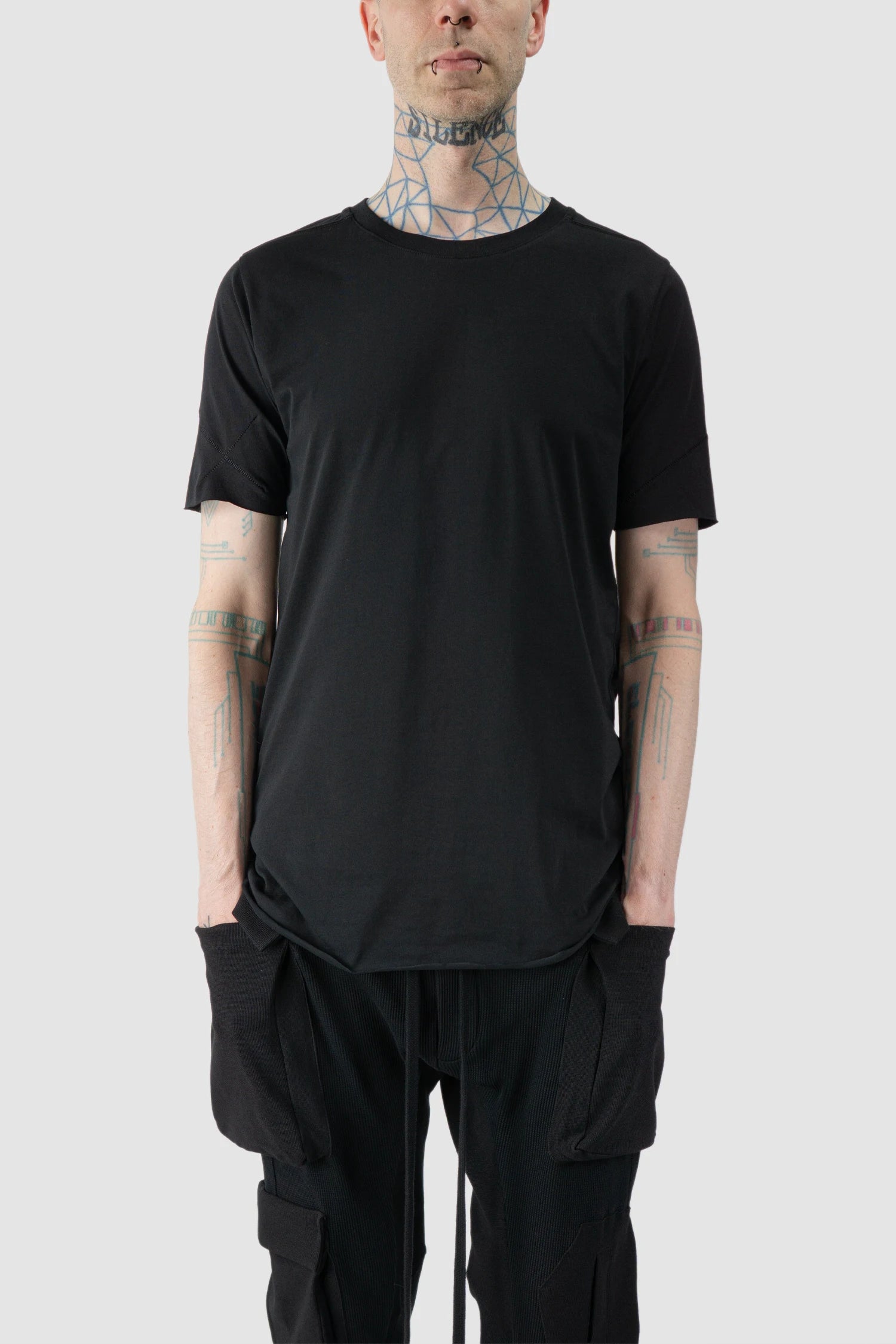 Thom Krom - model front relaxed view of black Slim Fit Raw Hem Cotton T-Shirt - M-TS-872