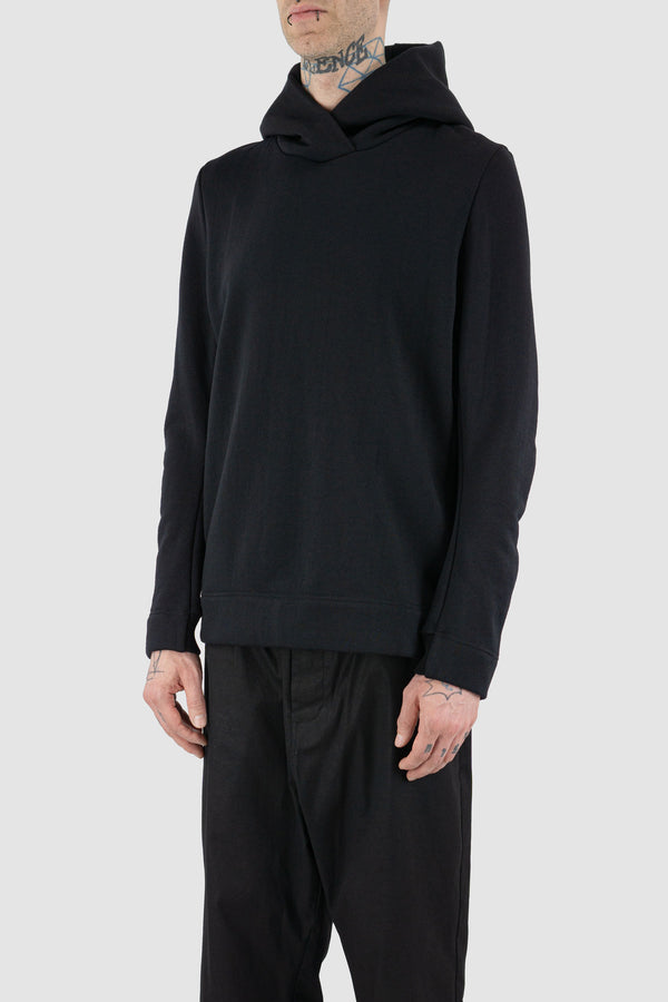 Side view of Black Merino Wool Hoodie for Men with relaxed fit, FW23, NOMEN NESCIO