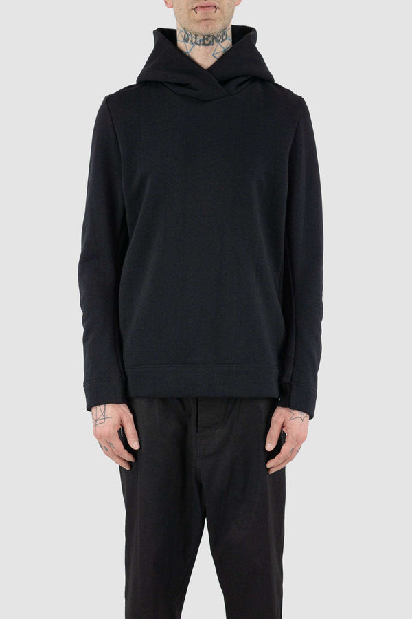 Front view of Black Merino Wool Hoodie for Men with relaxed fit, FW23, NOMEN NESCIO