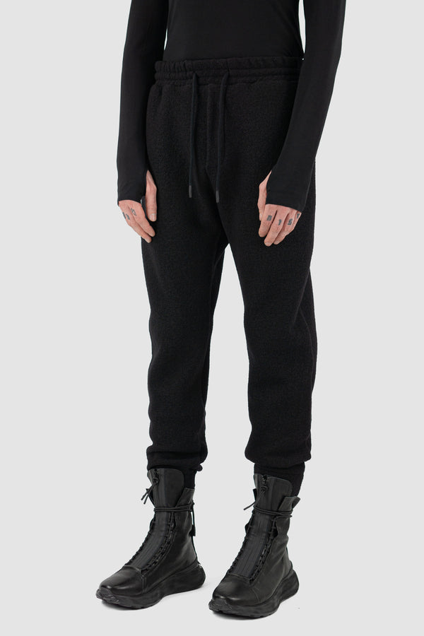 Side view of Black Woolen Sweatpants for Men with elastic waistband and recycled wool, FW23, NOMEN NESCIO