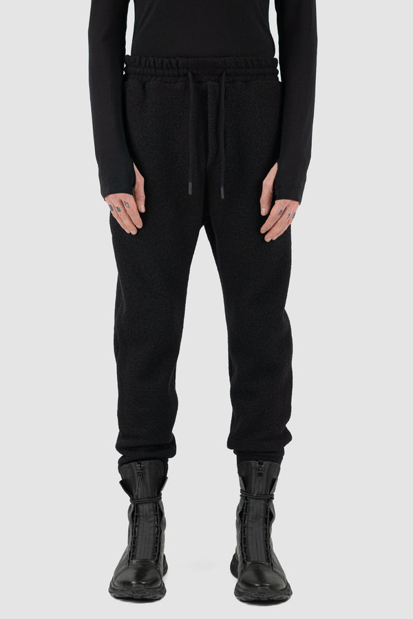 Front view of Black Woolen Sweatpants for Men with elastic waistband and recycled wool, FW23, NOMEN NESCIO