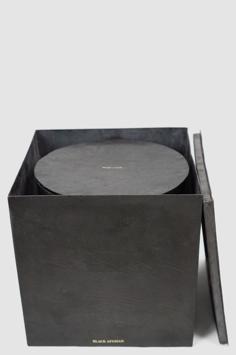 Boxed view of Large Vestimentale Black Afghan Scent Candle in black iron vessel, MAD ET LEN